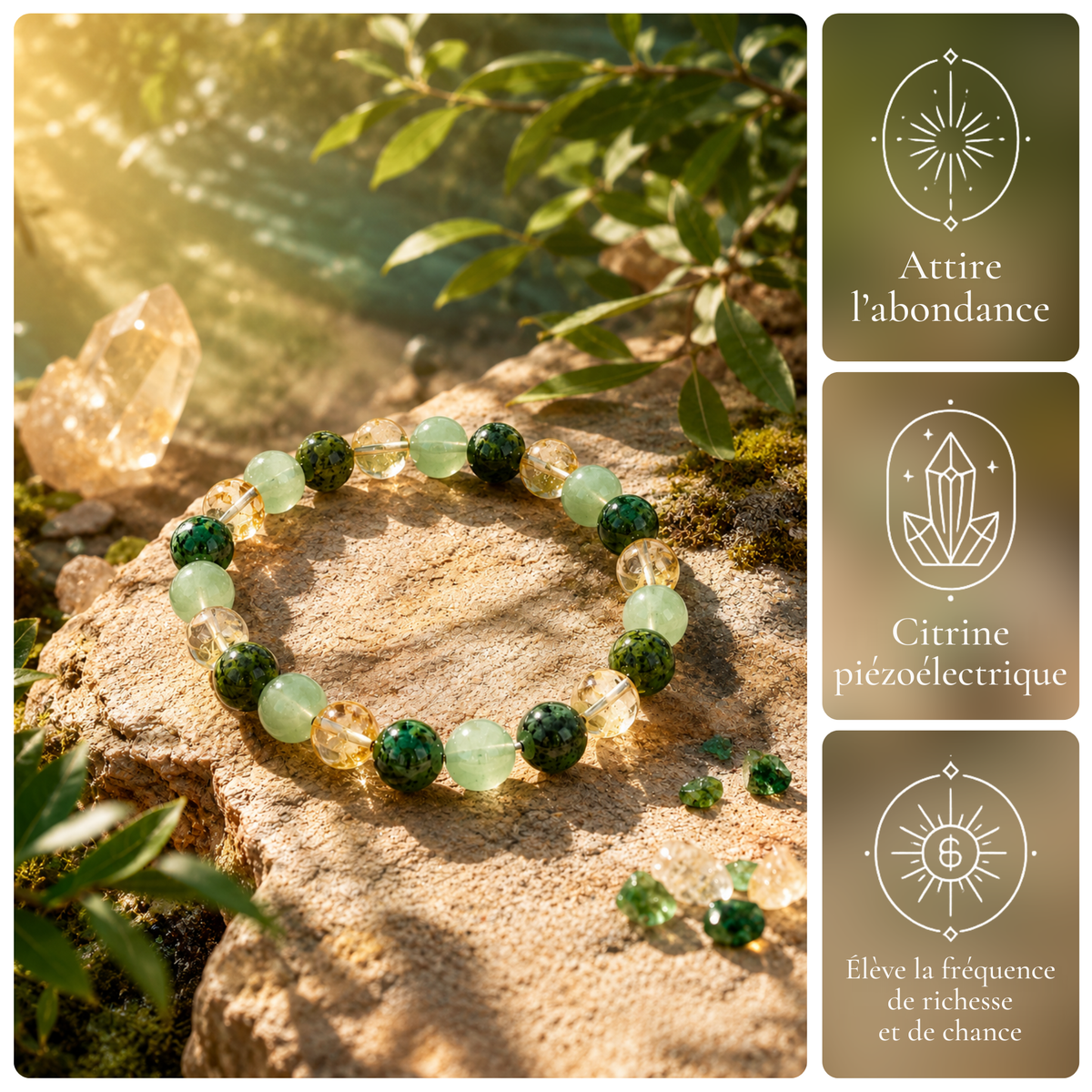 Bracelet de l'abondance Hestaly en citrine, aventurine verte et turquoise africaine