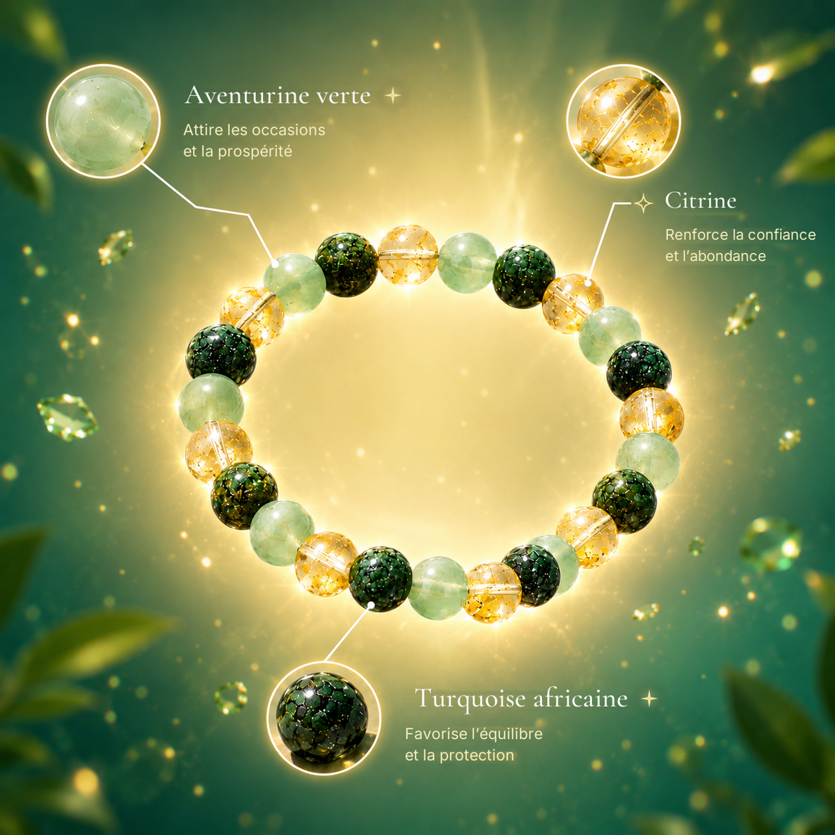 Les 3 pierres du bracelet de l'abondance Hestaly : aventurine verte, citrine et turquoise africaine