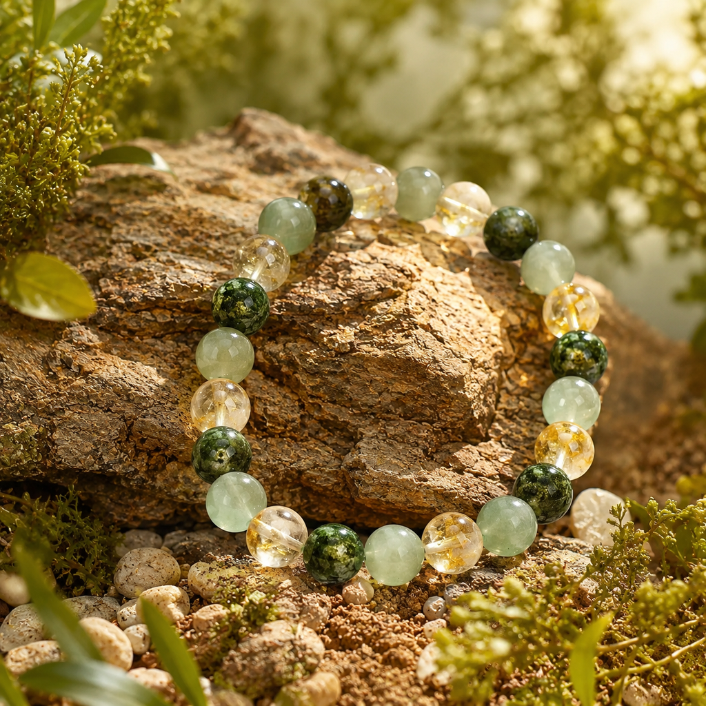 Le bracelet de l'abondance Hestaly posé sur un rocher